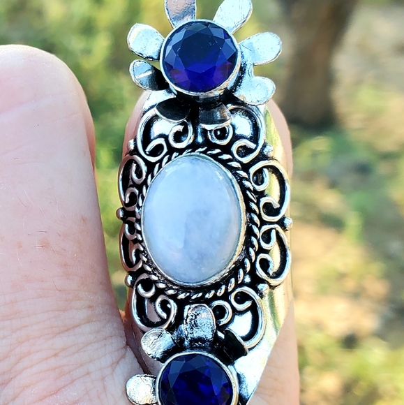 New Unique Rainbow Moonstone & London Blue Topaz 925 Silver Flowers Ring. - Picture 4 of 12